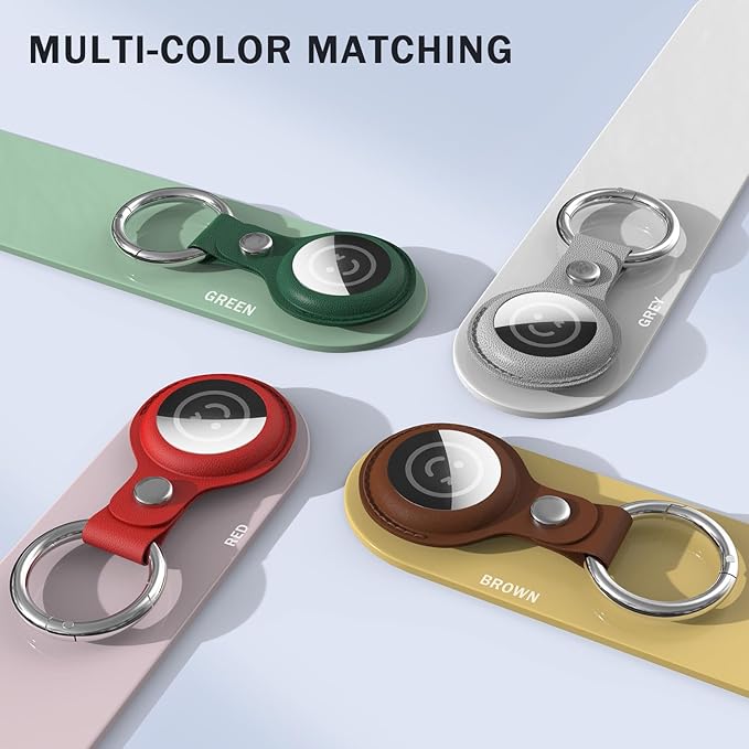 RFUNGUANGO Airtags Holder Keychain Keyring, 4 Pack Leather Case Cover for Women Men Kids with Apple Air Tag GPS Tracker Item Finders-Brown,red,Green,Grey