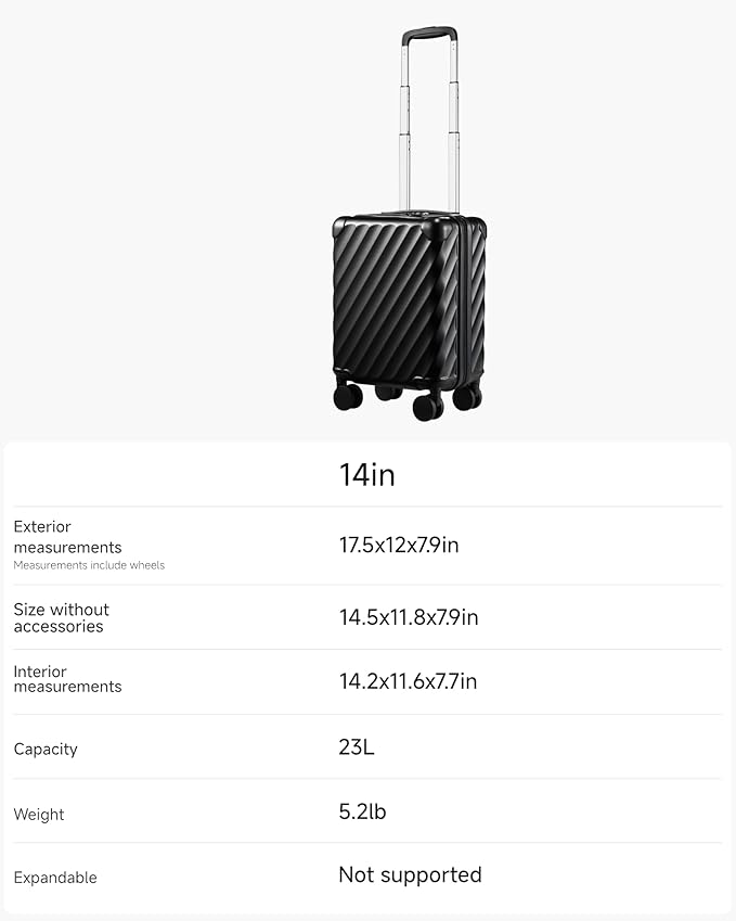 LUGGEX Luggage with Spinner Wheels, Polycarbonate Hard Shell Suitcase, Underseat 14 Inch, Shadow Black