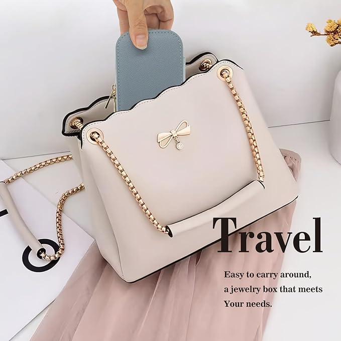 Small Jewelry Travel Case For Womens Small Rectangle PU Leather Jewelry Box With Zipper 2.56" H Portable Travel Jewelry Case For Earring Rings Necklaces Bracelets Blue Jewelry Gifts Box