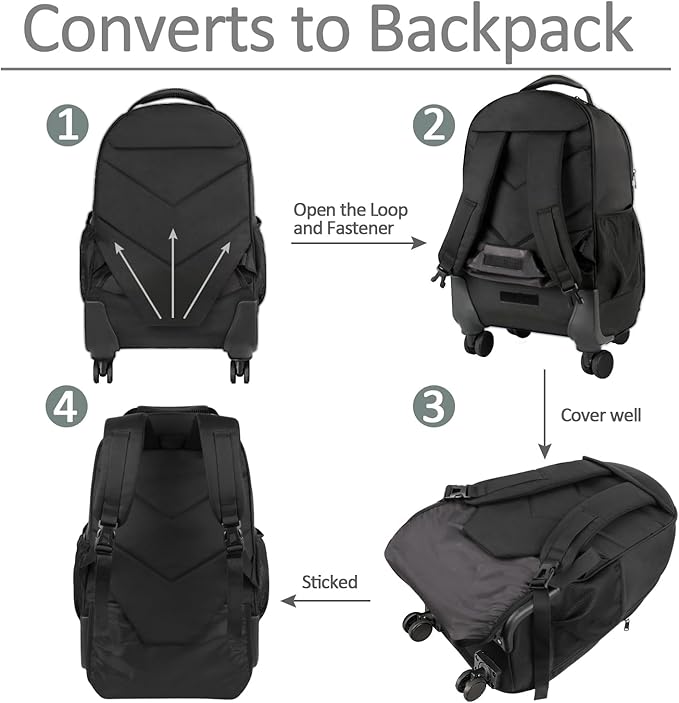 MATEIN Roller Backpack, 18 inch Large Travel Laptop Bag with 4 Wheels for Adults, Heavy Duty Wheeled Suitcase Luggage Pack for Work Business, Rolling Spinner Computer Rucksack for Men Women, Black