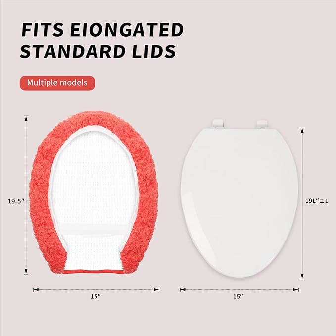 Microfiber Elongated Toilet Seat Cover 19.5"x 15" Machine Washable Solid Toilet Lid Cover Adjustable Rubber Backing Fits Most 18-19.5" L x 14-16" W Elongated Toilet Seat