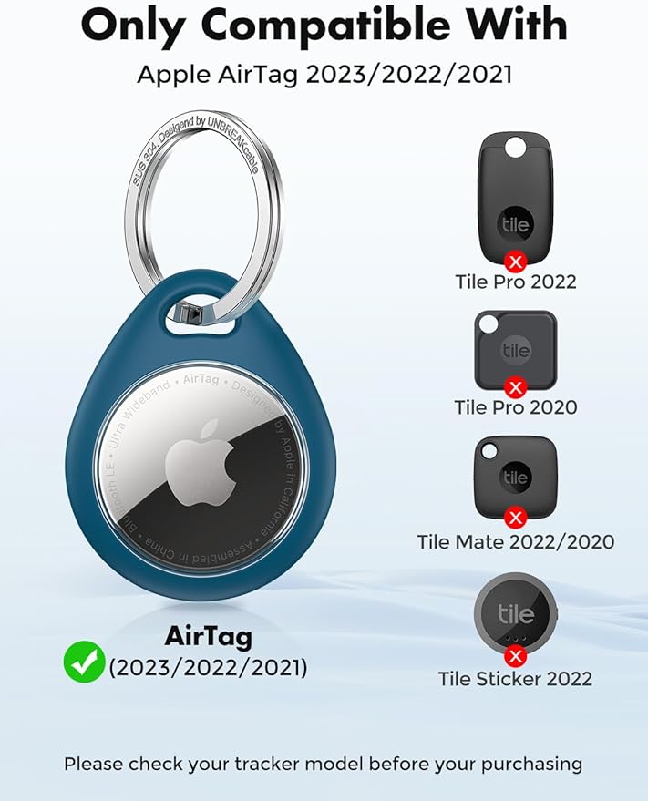 UNBREAKcable Holder for Apple AirTag - 4 Pack [Fit Tightly Design] [Easy to Install] [Hold Air Tag Securely] Waterproof TPU Protective Case with 304 Stainless Steel Keychain Key Ring, Black+Blue
