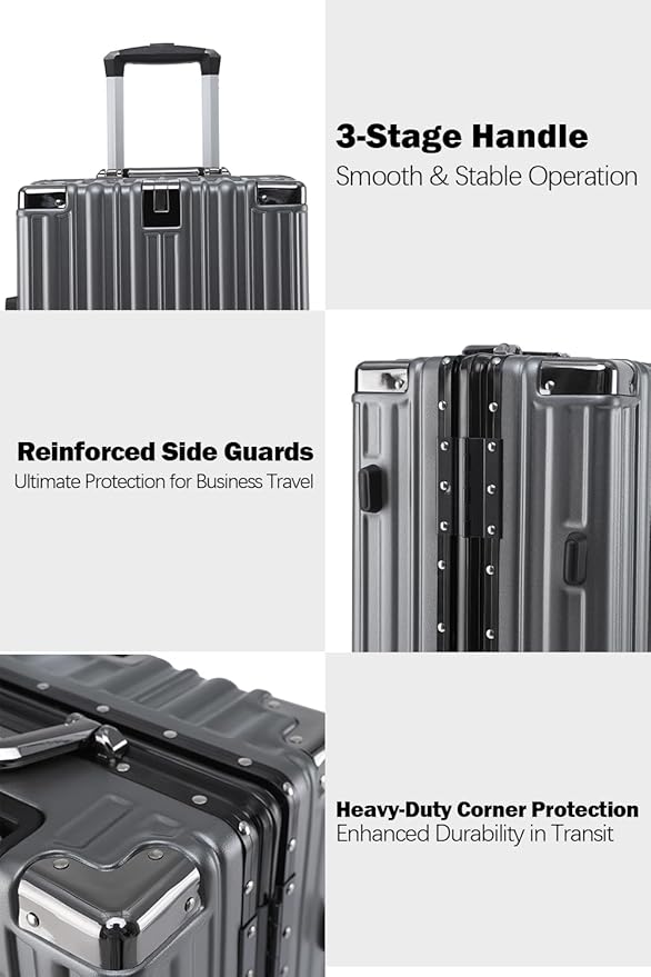 HotWay 24 Inch Aluminum Frame Luggage with Spinner Wheels, PC Hard Shell Suitcase with Cup Holder, Zipperless Luggage for Business Travel, Gray