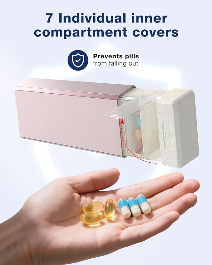 HEIYING 7 Days Pill Organizer with Aluminum Shell for One Week Capacity, Portable Metal Pill Case to Hold Vitamin, Medicine, Supplements