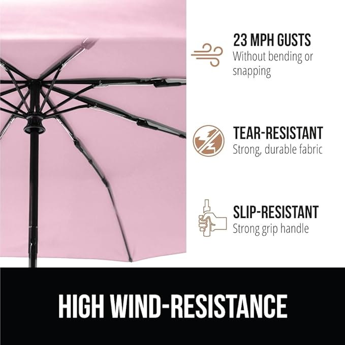 GORILLA GRIP Strong Stick Umbrella for Rain, Compact Travel One-Click Automatic Open Close, Lightweight, Portable, US Designed Reinforced Fiberglass Ribs, Wind Resistant, Easy Collapse, Pink