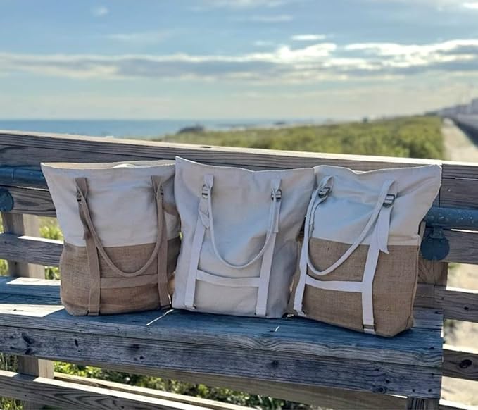 Large Beach Tote Bag with Hat Holder Straps, Womens large beach bag- Vation beach Tote