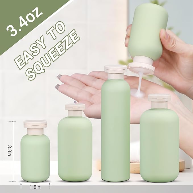 ASEVAT 3.4 oz/4 Pack Travel Bottles for Toiletries, Small Travel Shampoo and Conditioner Bottles, Refillable Containers Leak Proof, Plastic Squeeze Bottles with Flip Cap, green+blue