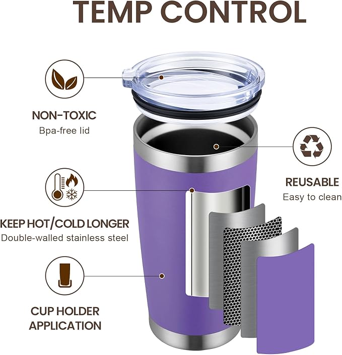 MEWAY 20oz Tumbler Cup Double Wall Vacuum Insulated Travel Mug Bulk, Stainless Steel Tumblers with Lid and Straw, Durable Powder Coated Coffee Cups for Cold & Hot Drinks (Purple, 1)