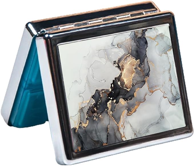 Silver Vintage Pill Box 7 Day Metal Pill Box with Mirror and 8 Compartments Cute Travel Pill Organizer for Purse (Black Gold Abstract Marble)