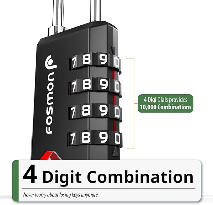 Fosmon TSA Approved Locks for Luggage/ Suitcase with Open Alert Indicator (4 Pack), Heavy Duty Gun Safe Lock for Gun Case, 4 Digit Shackle Combination Padlock for Travel, Backpack Zipper, Gym Locker