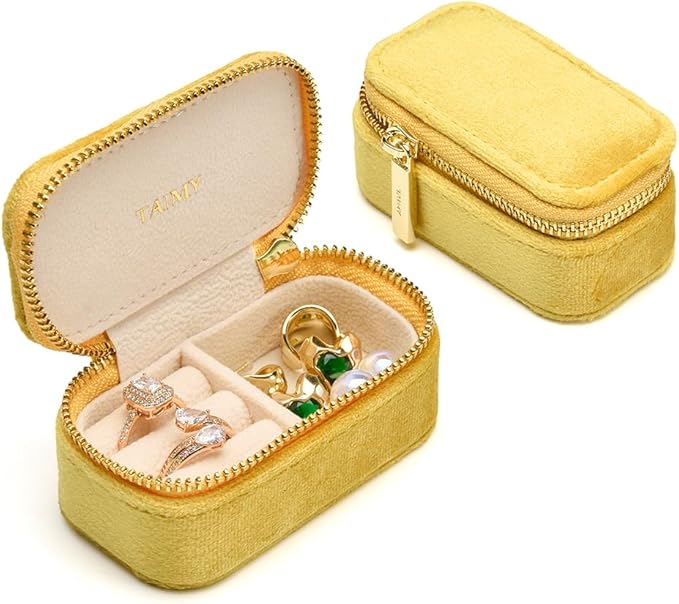 Small Travel Jewelry Case, Mini Tiny Plush Velvet Jewelry Box for Women and Girls, Pocket Size Jewelry holder organizer for Rings Earrings and Small Items(Yellow)