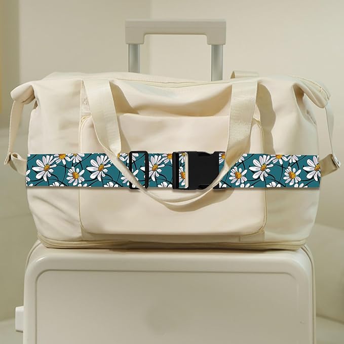 White Daisy Luggage Straps for Suitcases TSA Approved, Luggage Identifiers for Suitcase, Adjustable Suitcase Strap for Baggage Security with Cute Patten, Travel Necessary Accessories (2 Pack)
