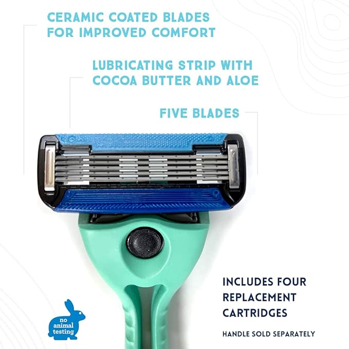 Preserve Shave 5 Razor Blades Refills - 5 Blade Razors for Men & Women - Ceramic Coated Shavers for Comfort with Aloe-Cocoa Butter Strip - Reusable Shaving Refill - 4 Pack
