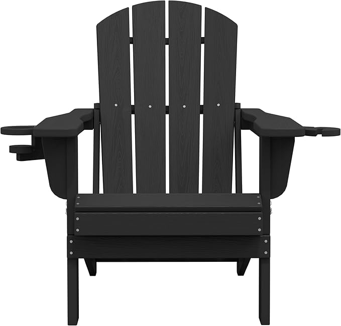 SERWALL Folding Adirondack Chair, Dual Cup Holders & All-Weather HDPE, Wood-Like Patio Chair for Backyard, Camping，Pool & Fire Pit- Black