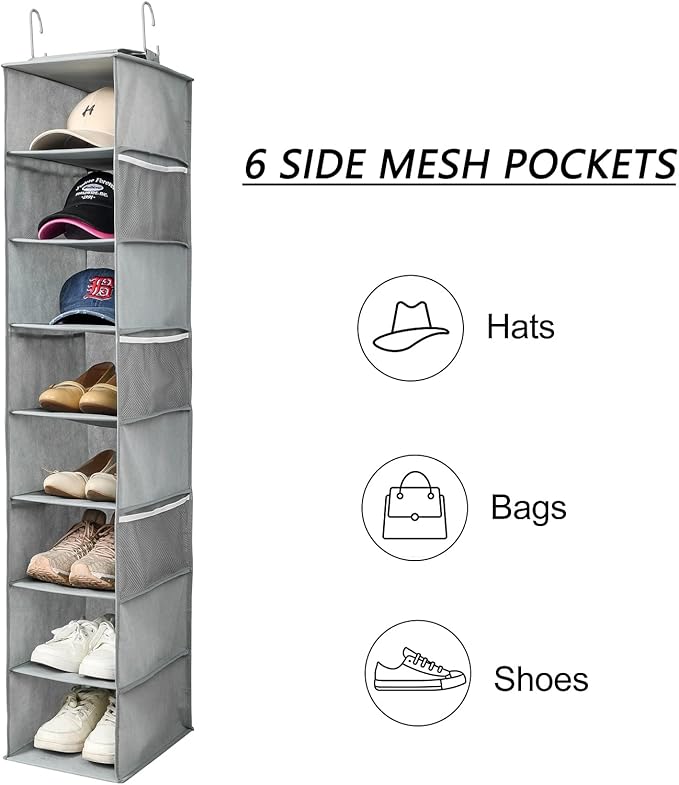 Hanging Shoe Organizer for Closet with Side Mesh Pockets，Hat Racks for Baseball Caps，Shoe and Hat Holder & Storage，8-Shelf，Gray，2 Pack
