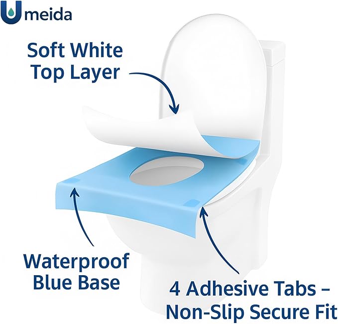 50 Count Disposable Toilet Seat Covers with Secure Adhesive Tabs for a Non-Slip Fit - XL Extra Large, Waterproof, Individually Wrapped for Travel, Kids, Adults, and Public Restrooms