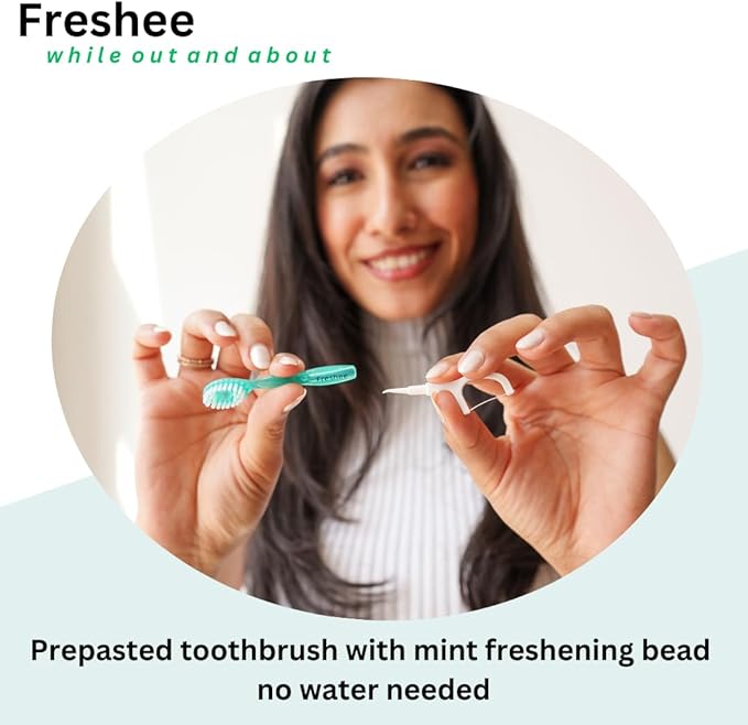 Freshee Bead -5 in 1 Disposable Mini Toothbrush with Refreshing Bead + Floss + Pick + Tongue Scraper | Travel Size | Individually Wrapped | Soft | Extra Minty | Travel Set