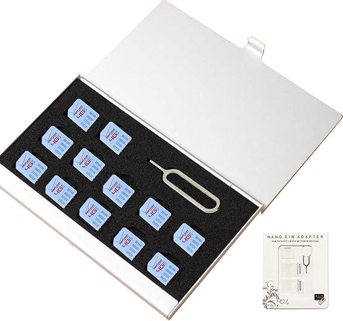 Aluminum SIM Card Case, 12 Slots Ultrathin Nano SIM Card Holder with SIM Card Adapter Kit for Travelers or Holiday Trip (Silver)