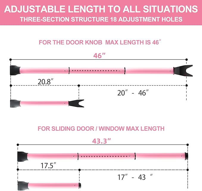 Rerishom Door Security Bar, Door Stoppers Security bar,Heavy Duty Door Lock Security Door Jammer Door Stopper for Apartment, Hotel Room,Screen Door Hardware, Gate Lock Bar(2 Pack,Pink)