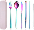 AARAINBOW 6 Pieces 18/8 Stainless Steel Flatware Set Portable Reusable Cutlery Set Travel Utensils Set Including Chopsticks Knife Fork Spoon Straws Cleaning Brush Dishwasher Safe (Multicolored)