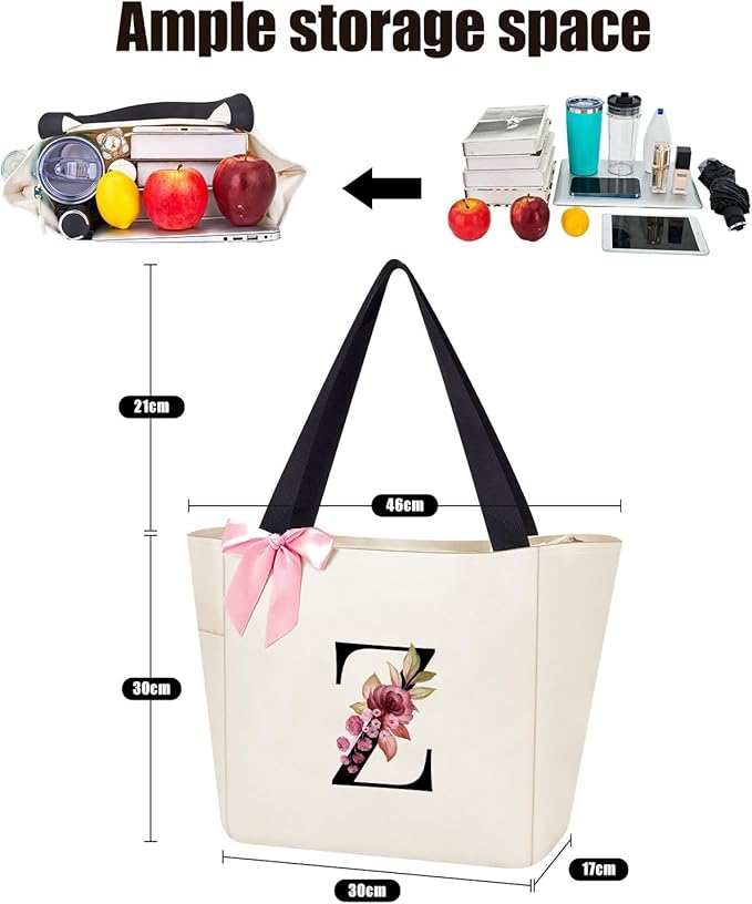 Vavabox Tote Bag, A-Z Initial Monogrammed Waterproof Tote Bag, Bridesmaid Gifts for Women, Black and Pink