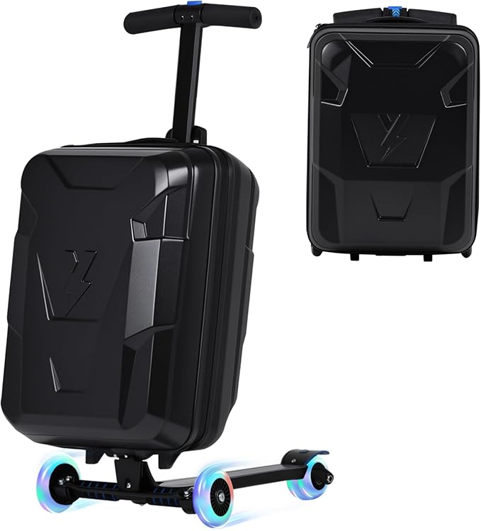 smilesun Scooter Suitcase for Kids & Adults, Foldable Carry On Travel Luggage, Hardside Ride on Scooter Suitcase with LED Light up Wheels，Black