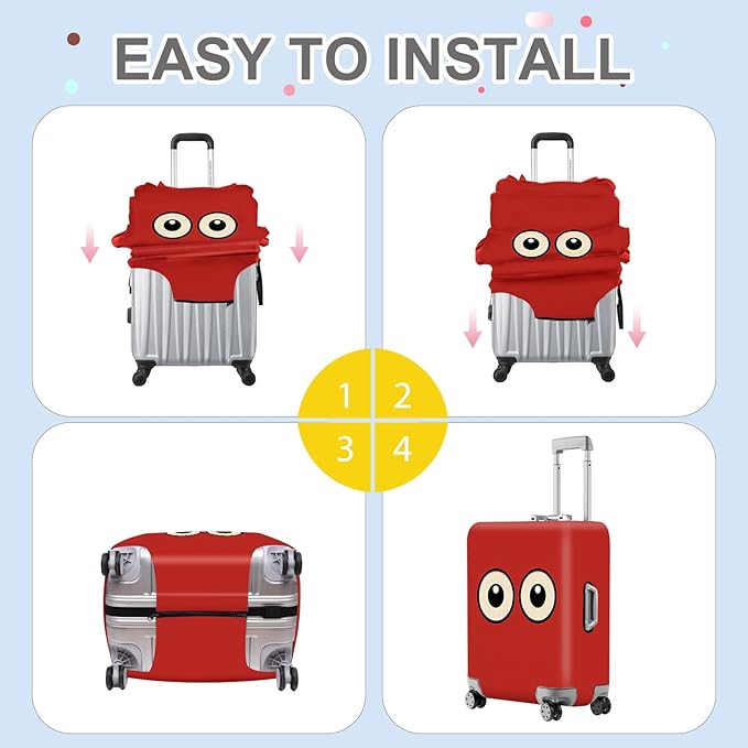 ANNA QUEEN Funny Cartoon Eyes Luggage Cover, Red Suitcase Protector with Cute Big Eyes Design, Travel Suitcase Cover for 20-22 Inch Luggage, Stretchable & Washable Spandex Travel Accessories