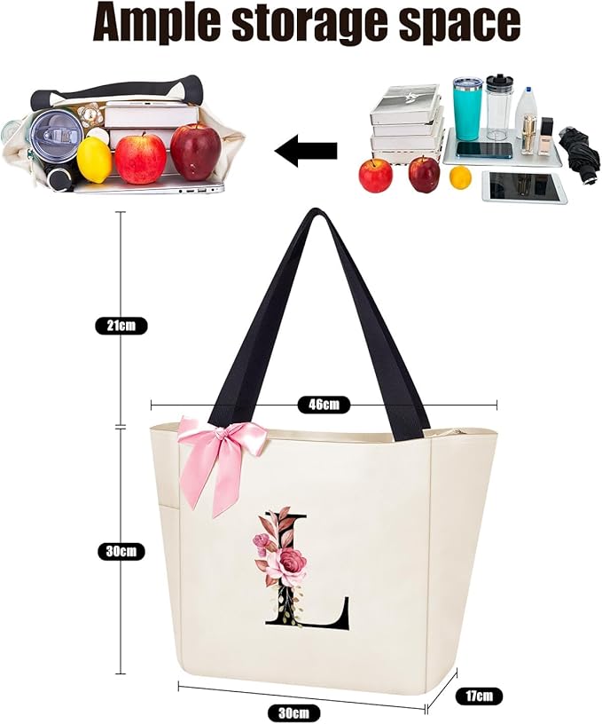 Vavabox Tote Bag, A-Z Initial Monogrammed Waterproof Tote Bag, Bridesmaid Gifts for Women, Black and Pink