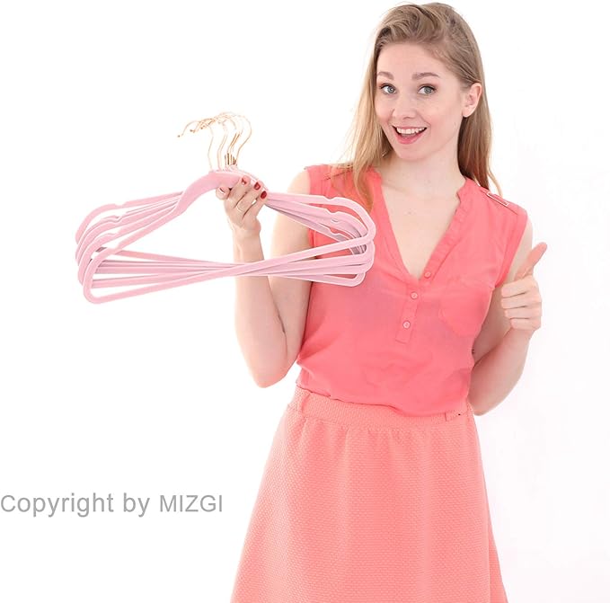 MIZGI Premium Velvet Hangers (Pack of 50) Heavy Duty - Non Slip - Velvet Suit Hangers Light Pink - Copper/Rose Gold Hooks, Space Saving Clothes Hangers
