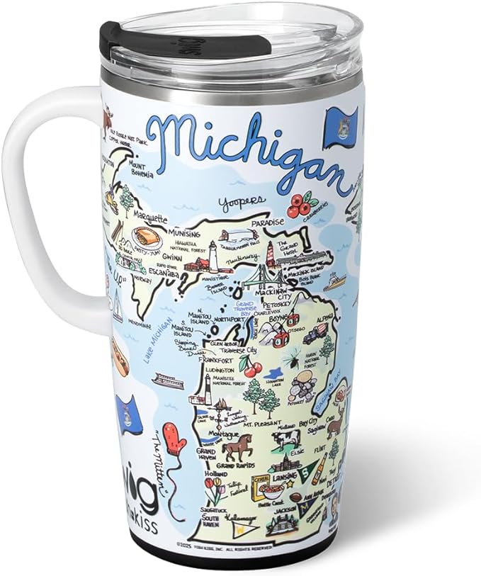 Swig Life 22oz Travel Mug, Insulated Tumbler with Handle and Lid, Travel Coffee Mug, Cup Holder Friendly, Stainless Steel 22 oz Tumbler, Reusable Insulated with Lid (Michigan)