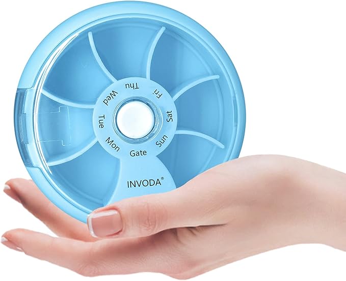 INVODA Weekly Pill Organizer 7 Compartment Rotating Pill Box for Daily Medication & Vitamins - Portable Travel Pill Case Fish Oil Supplements Vitamins Organizer (Sky Blue)