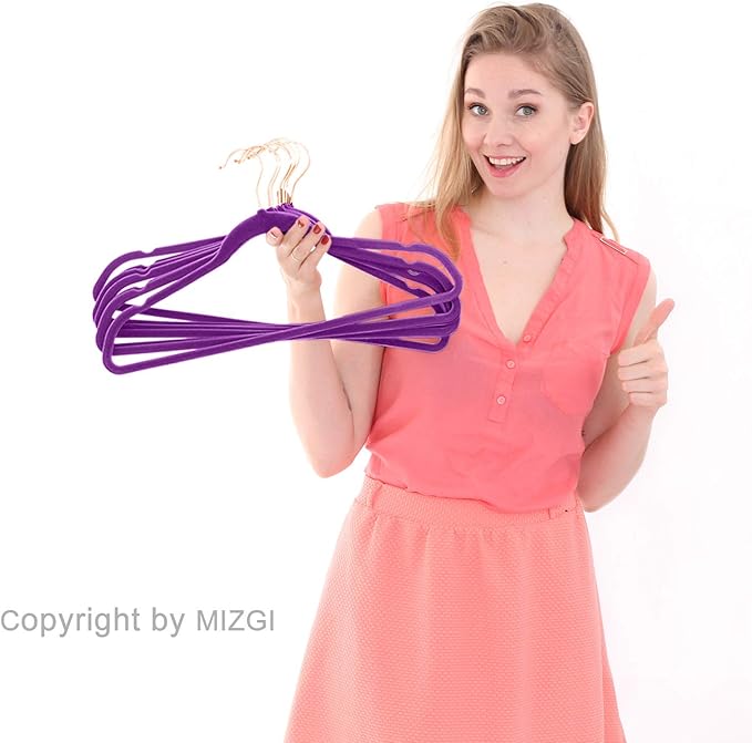 MIZGI Premium Velvet Hangers (50 Pack) Heavy Duty - Non Slip Felt Hanger - Velvet Suit Hangers Dark Purple - Rose Gold Hooks,Space Saving Clothes Hanger