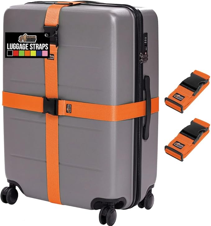 GORILLA GRIP Heavy Duty Adjustable Luggage Straps for Suitcases, Easy to Identify Travel Belt Connector Holds Suitcase Together, Extends Life of Bag, Strap Connects Two Bags, Accessories 2 Pack Orange