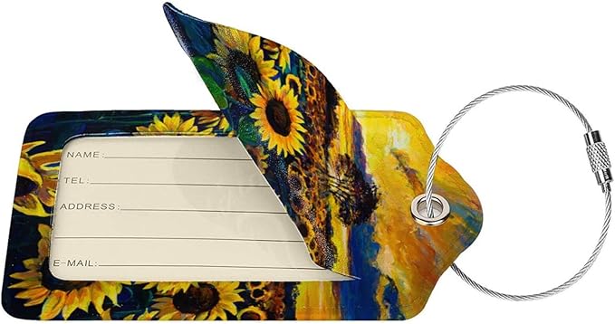 2-Pcs Beautiful Sunflower Leather Luggage Tags for Women Girls Suitcases, Art Yellow Floral Privacy Cover ID Label with Stainless Steel Loop and Address Card for Travel Bag Backpack