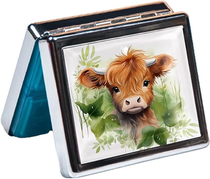 Silver Vintage Pill Box 7 Day Metal Pill Box with Mirror and 8 Compartments Cute Travel Pill Organizer for Purse (Watercolor Highland Cow)