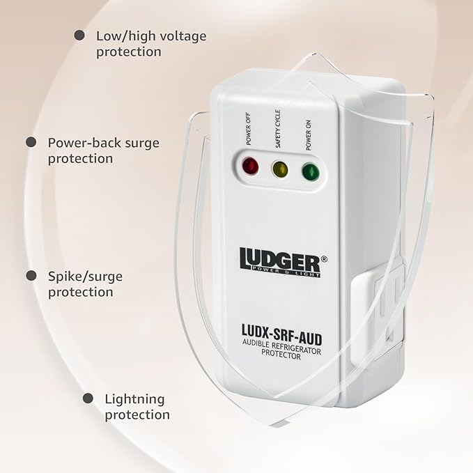 Ludger Power Surge Protector for Appliances (LUDX-SRF-AUD), ETL Certified, Appliance Surge Protector Refrigerator 90 Degrees, Connects to All Types of AC, Unique Side Socket, Audible Alarm