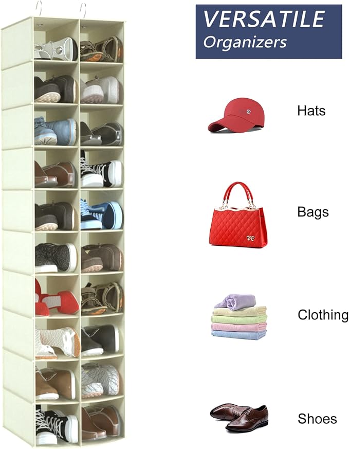 coastal rose Hanging Shoe Organizer for Closet, 20 Sections Hanging Closet Organizers and Storage Shelves, Space Saving Shoe Storage Rack Holder, Beige, 12''W×12''Dx 50''H