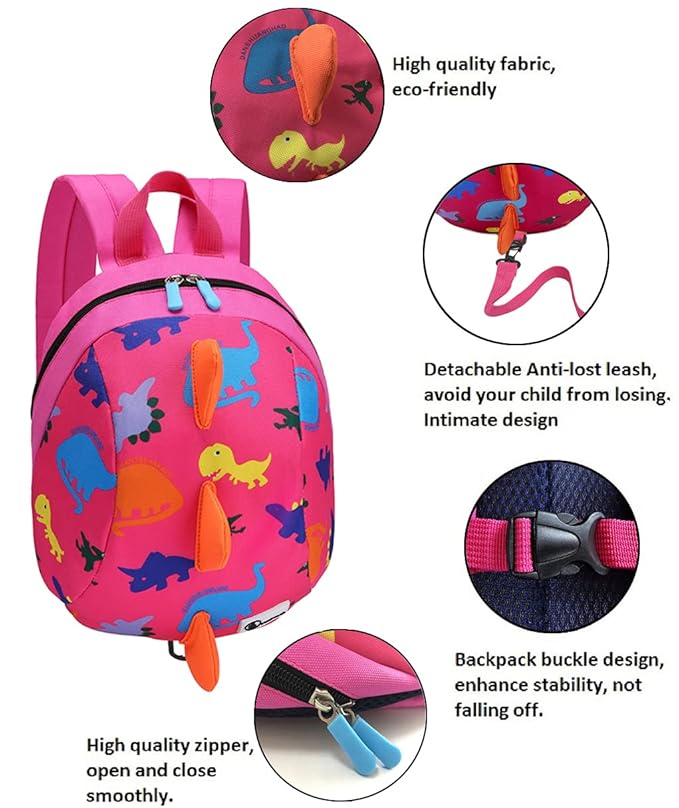 DB Dinosaur Toddler Mini Backpack with Leash, Children Kids Baby Harness Bookbag (Rose Pink)