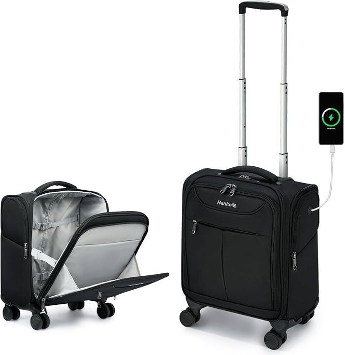 Hanke Underseat Carry On Luggage with Wheels, Lightweight Small Suitcase Airline Approved 16 Inch Softside Personal Item Travel Bag for Women Men, Compact Under Seat Luggage with Spinner Wheels,Black
