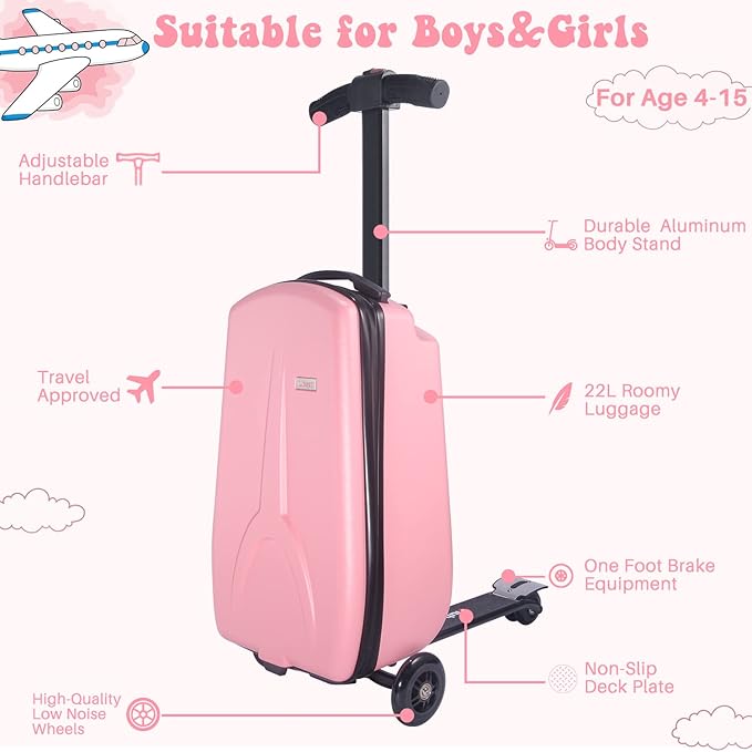 MRPLUM 20" Ride-On Suitcase with Detachable Scooter for Kids,Foldable Hardshell Carry-On Luggage for Toddlers Ages 4-15 with Adjustable Handle,Easy Steering&Brake(Airplane Approved)