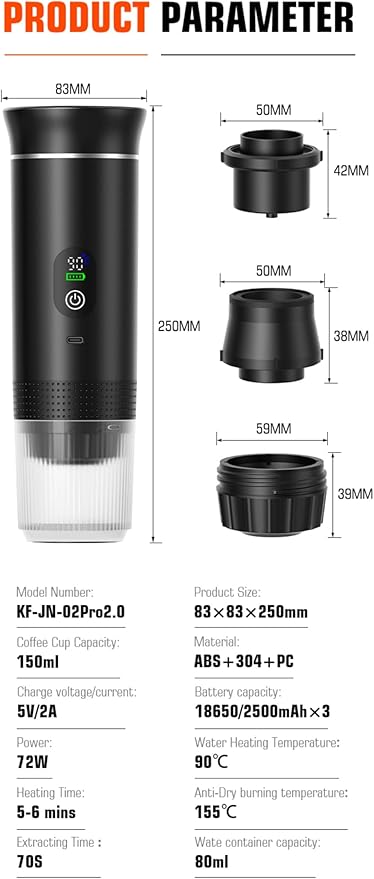 Portable Electric Coffee Maker, Digital Display, Compatible with Coffee Pods,Rechargeable Coffee Machine for Travel, Camping, RV,Home,Office (black)