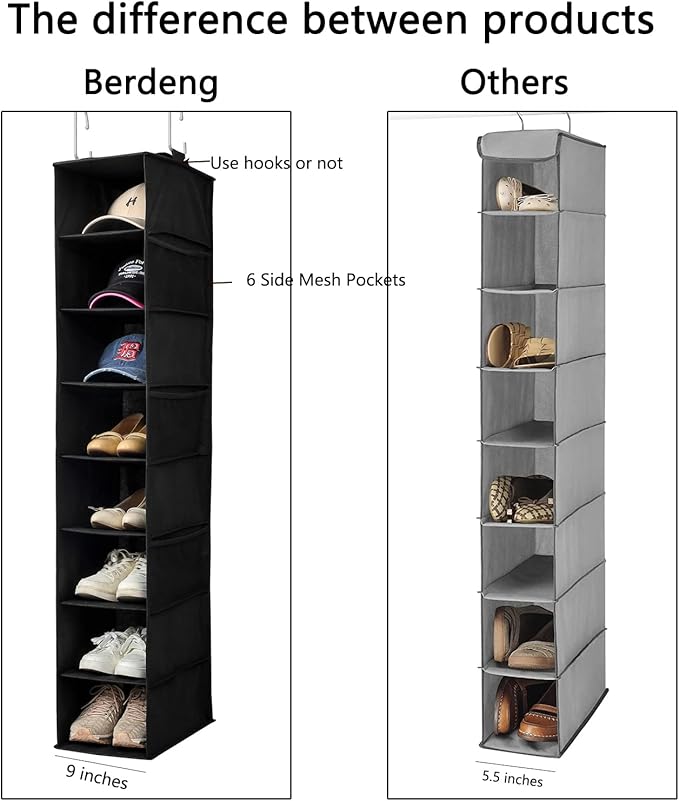 Hanging Shoe Organizer for Closet with Side Mesh Pockets，Hat Racks for Baseball Caps，Shoe and Hat Holder & Storage，8-Shelf，Black，1 Pack