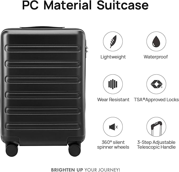 Carry on Luggage 22 X 14 X 9 Airline Approved, 20 Inch Luggage for 3-5 Days Travel, Double Spinner Wheels, 100% Hardshell PC, TSA Lock (09-Black, Checked 24-Inch)