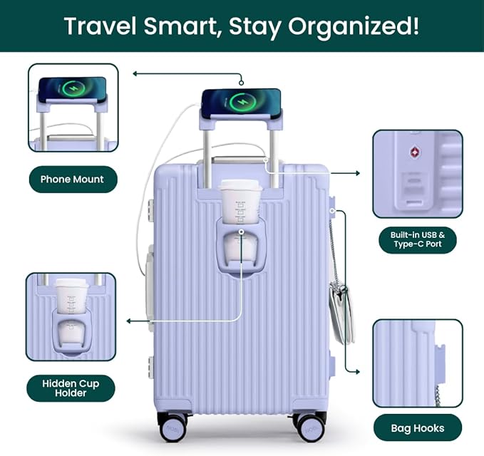 Nobl Travel Carry On Luggage, Noble Zipperless Aluminum Frame PC Hard Shell Suitcase, 22.5x15x9.5 Airline Approved, 360° Spinner Wheels, TSA Locks, USB Charging Port, Cup & Phone Holder - Lavender