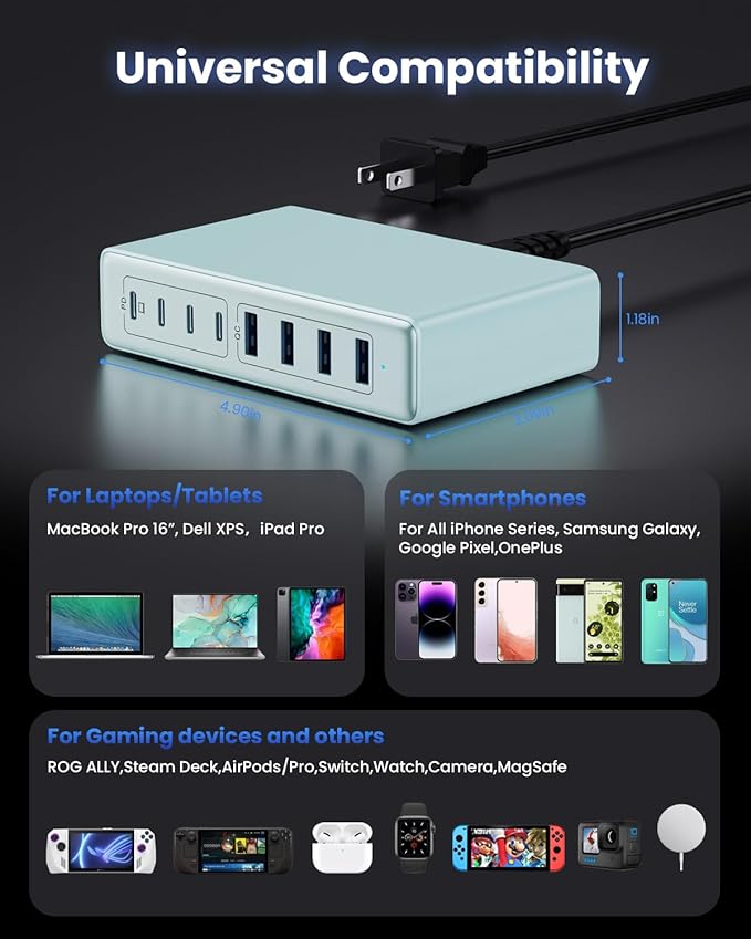 200W USB C Charger Block,GaN IV Charging Station 8 Ports,QC4.0 Fast Charging Station Hub+PD 65W USB C Laptop Charger Adapter Compatible with MacBook Air/Pro,DELL,iPhone 16/15,iPad,Steam Deck-Sky Blue
