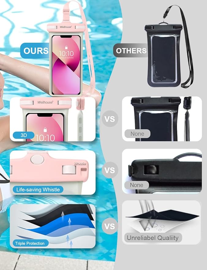 wellhouse Waterproof Phone Pouch, Waterproof Phone Case for iPhone 16 15 14 13 12 Pro Max XS Samsung, IPX8 3D Cellphone Dry Bag Beach Essentials (1 Pack - Luminous Pink7.0, 7 inch)