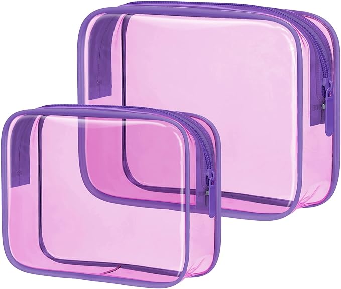 PACKISM 2 Pack Clear Toiletry Bags with Zipper, Water-resistant Cosmetic Bag, Clear Makeup Bag Fit Travel Essentials, Carry-on Travel Bag, Light Pinkish Purple