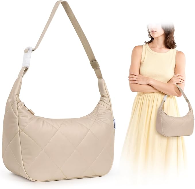 Quilted Lunch Bag for Women, Cute Insulated Lunch Tote with Adjustable Strap, Puffy Reusable Waterproof Cooler Bag, Stylish Bento Lunch Box for Work Picnic Travel, Beige