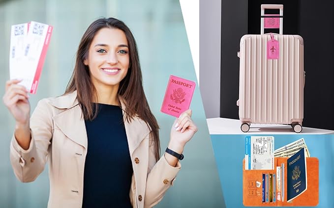 Passport Holder With Luggage Tag Travel Essentials Passport Cover Wallet RFID Blocking Leather Case International Must Haves Travel Accessories Women Men(115#Pink)