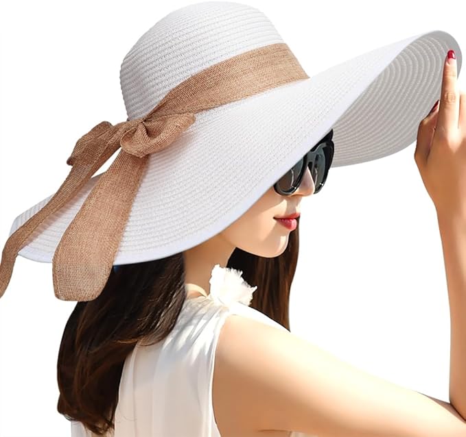 DRESHOW Beach Hats for Women Big Straw Wide Brim Summer Hat Floppy Foldable Roll up Cap Sun Hat UPF 50+
